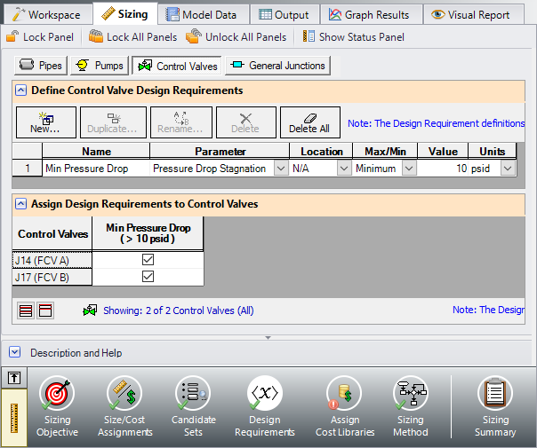 The Control Valve Design Requirements for the model.